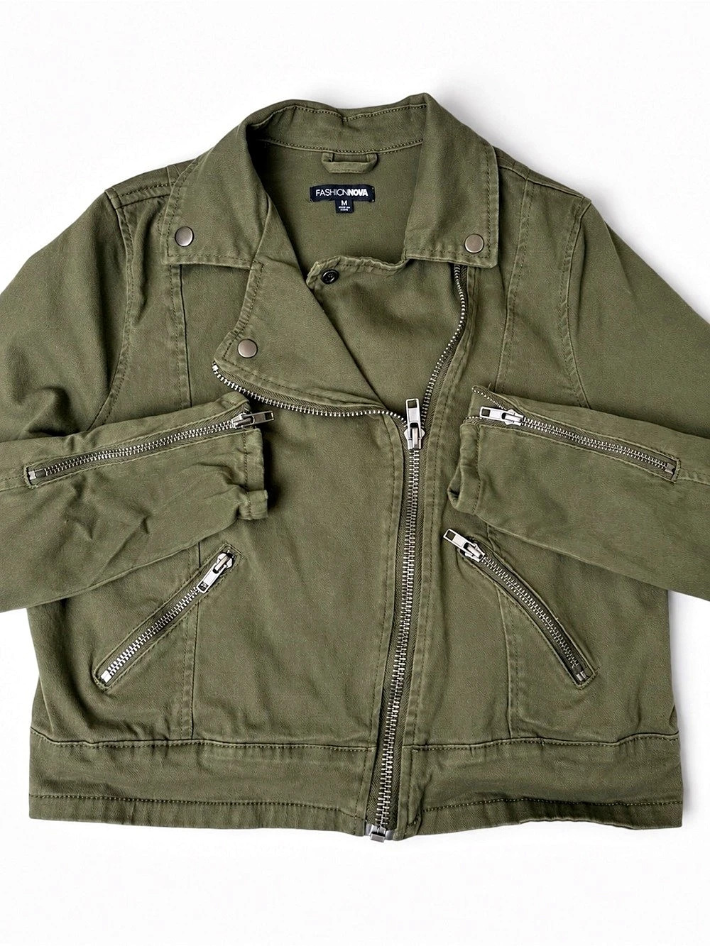 Fashion Nova Women’s M Olive Green Moto Jacket Biker Zip Stretch Utility
